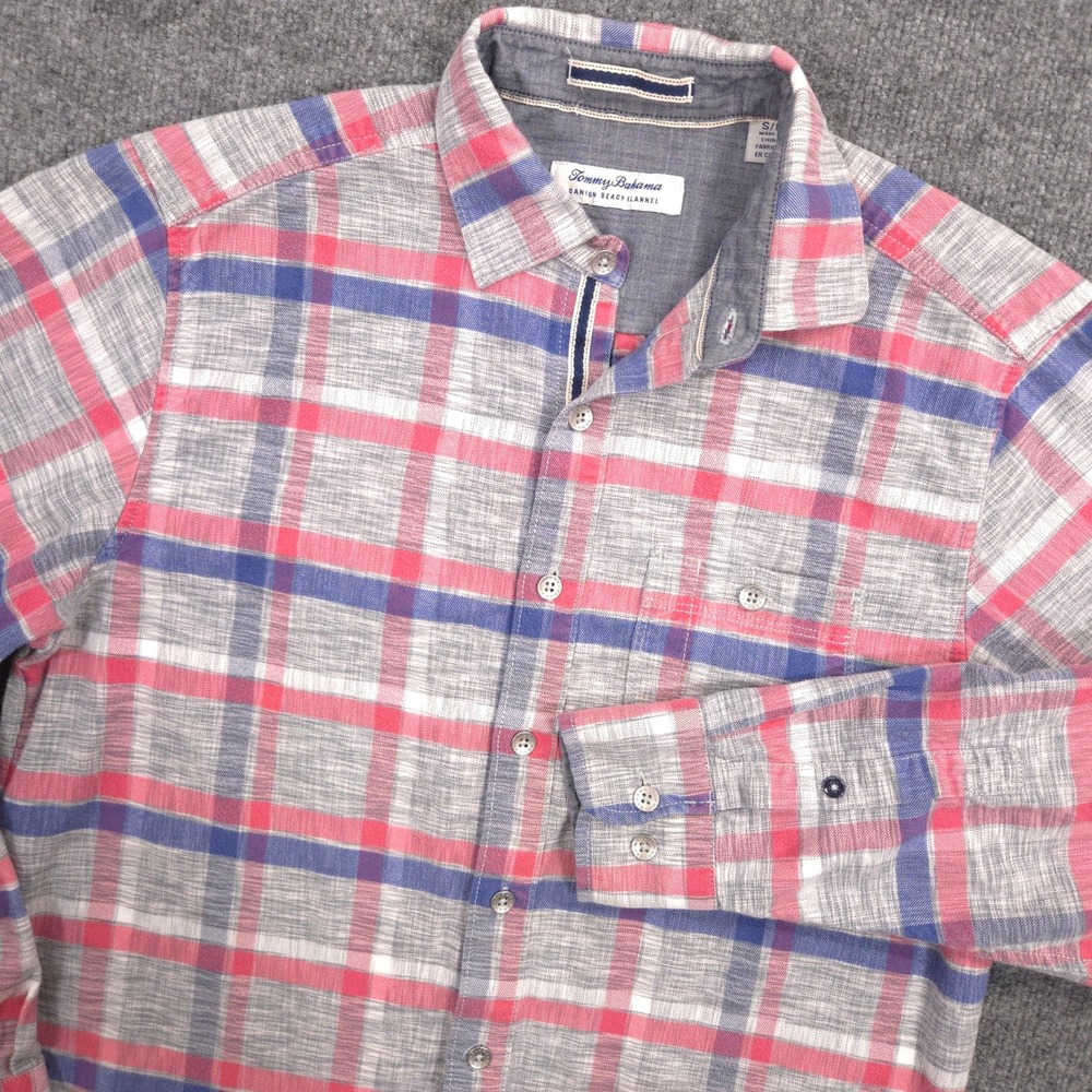 Tommy Bahama Canyon Beach Flannel Shirt Mens S Pink Blue Windowpane Lightweight